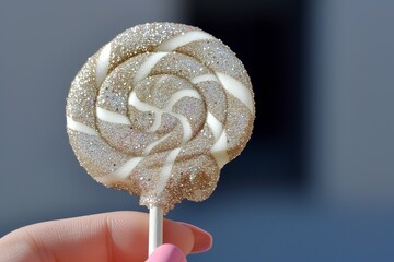 closeup of a glittercovered lollipop held by a manicured hand