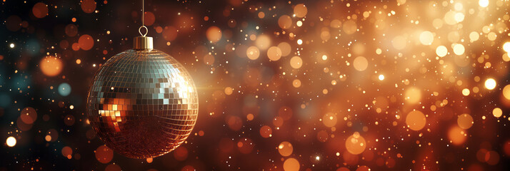 Colorful banner with sparkling disco ball. Night party, dancing event, bokeh lights.