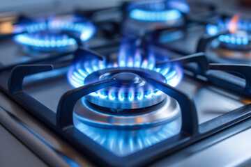 Kitchen gas stove burner with blue flame. Gas cooker with burning flames of propane gas. Global gas crisis and price rise. - obrazy, fototapety, plakaty