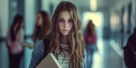 Sad teenage girl standing in a school hallway. Teen student showing signs of depression, stress, and anxiety. Anti-bullying week concept.
