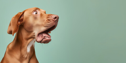 Surprised shocked dog with open mouth and big eyes isolated on flat solid background. - obrazy, fototapety, plakaty