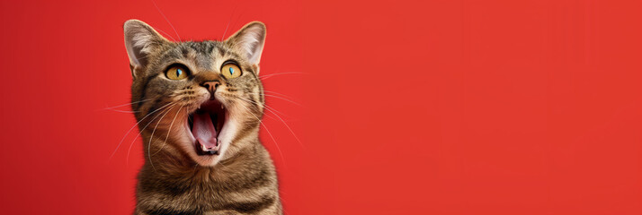 Surprised shocked cat with open mouth and big eyes isolated on flat solid background. - obrazy, fototapety, plakaty