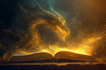 Naklejka premium Fairytale book about mystical creatures and magical adventures. Golden dragon made of light particles floating above the pages of fantasy story. Encouraging kids to read books.