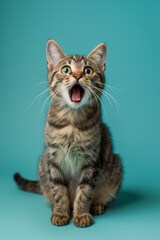Obraz premium Surprised shocked cat with open mouth and big eyes isolated on flat solid background.