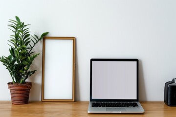 frame on wooden desk, laptop open, potted plant aside, white wall background