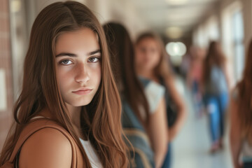 Sad teenage girl standing in a school hallway. Teen student showing signs of depression, stress,...