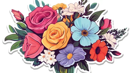 Tuinposter Flat graphics sticker bouquet of multicolored flowers. © Vector