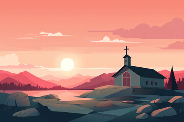 Mountain Majesty: A Serene Landscape Illustration with a Beautiful Sunset Sky and Majestic Tree, Set against a Lush Green Hill and Tranquil Lake