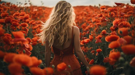 Poster Woman standing amidst flowers in poppy field. © Creative