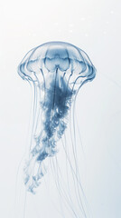 Aesthetic light blue jellyfish floating against light backdrop. Ocean ecosystem concept. Generative AI