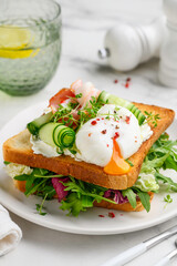 Sandwich with poached egg, prosciutto, cucumber, cream cheese, salad mix and microgreens on a plate. Healthy snack.  Selective focus
