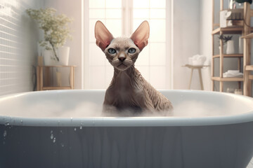 Cute kitten with fluffy white fur sitting on a clean brown sink, staring with adorable eyes in a funny and adorable way against a purebred abyssinian cat background