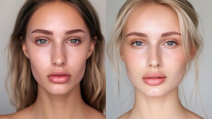 Before-and-after images of a girl, the transformative impact of cosmetic surgery. - obrazy, fototapety, plakaty
