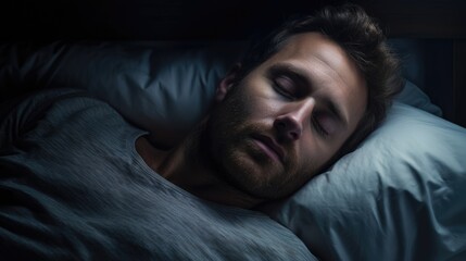 Man trying to sleep, but with visible tension and anxiety on his face. - 735967874