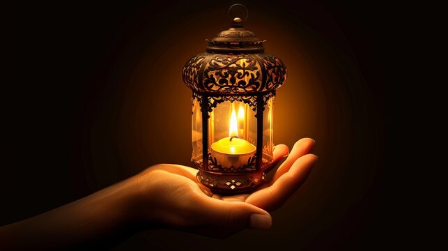 Hand holding a traditional Arabic lantern with a lit candle inside. Ramadan Kareem celebration card or invitation.