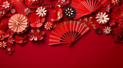 Chinese new year festival or wedding decoration over red background. Traditional lunar new year paper fans. Flat lay, top view, banner