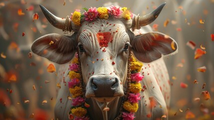 Decorated Cow amidst Flower Petals