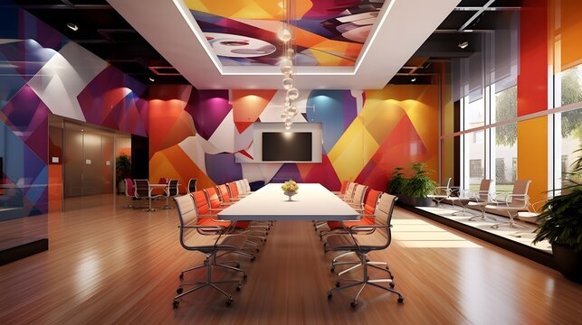 Creative Vibrant Interior Design Modern Office Interior Ideas Concept Comercial Space Interior Corporate Office Space Meeting Modern Colorful Style Interior Design Background.