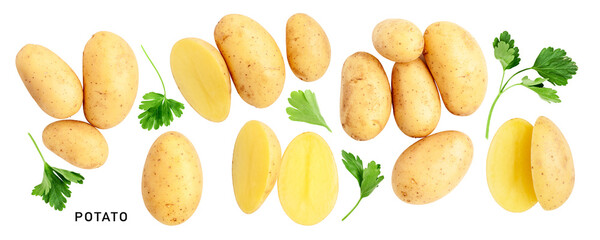 Raw potato parsley collection top view isolated. Flat lay, top view. PNG with transparent background. Without shadow.