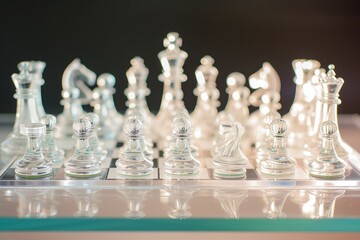 glass chess set on a transparent table, pieces at the start