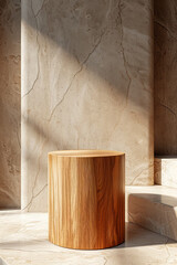 Minimalist Wooden Podium in Sunlit Marble Space