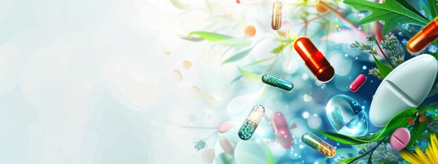 Professional Medicine White Banner with Floating Pills and Tablets: Healthcare Concept with Copyspace