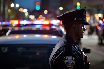 Obraz premium police officer near car with lights in city street with selective focus and bokeh