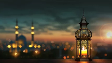 Foto op Plexiglas Ramadan Kareem - traditional Arabic lantern with candlelight in front of mosque at night © Ameer