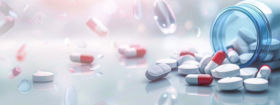 Innovative Healthcare Banner: Professional Design Featuring Pills, Tablets, and Spacious Copyspace