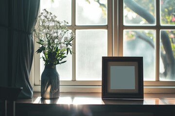 empty frame placed near a window, person gazing out