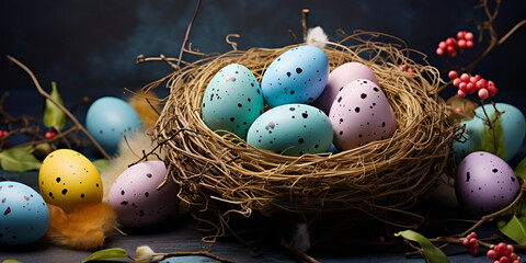 Colorful easter eggs in a nest on old wooden background
