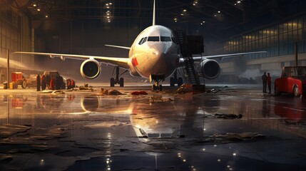 airplane in the airport at night. Flight delayed or cancelled sue to weather issues. 