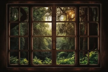 green forest view from old wooden window in rustic  house. harmony with nature. Abandoned place.