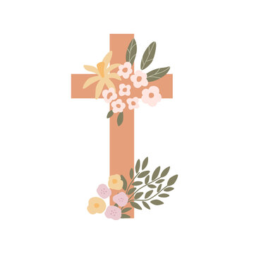 Easter floral cross isolated element on white. Vector religious Christian symbol of wooden cross decorated tiny flowers