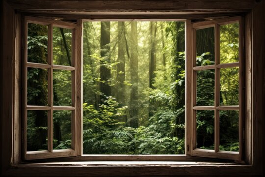 green forest view from old wooden window in rustic  house. harmony with nature. Abandoned place.