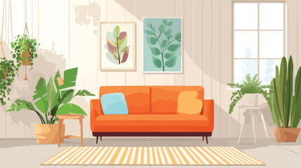 Cute living room interior - sofa on rug home. - obrazy, fototapety, plakaty