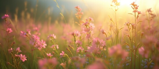 Beautiful field of pink flowers with sun shining in the background, nature landscape