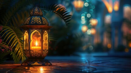 Ramadan Kareem - traditional Arabic lantern with candlelight in front of mosque at night