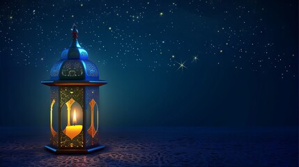 Ramadan Kareem - traditional Arabic lantern with candlelight in front of mosque at night