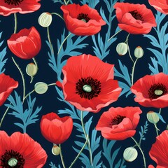 Fototapeta premium poppy red flowers floral seamless background. Botanical illustration. Textile, fabric print.