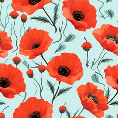 poppy red flowers floral seamless background. Botanical illustration. Textile, fabric print.