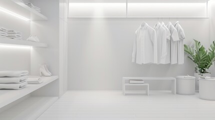 Modern minimalist wardrobe with LED lighting showcasing white shirts and plants