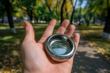 portable pocket ashtray in persons hand at a public park