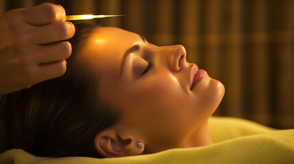 Woman receiving ear candle treatment at spa.