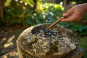 person ashing a cigar in a large stone garden ashtray