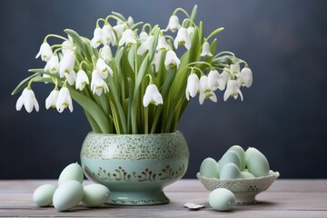 Easter eggs in pastel green mint color with bouquet of  white snowdrop in vase. Spring flowers rustic still life.   Floral arrangement. Springtime season.