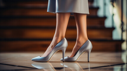 Woman putting on gray high heels shoes, close up.
