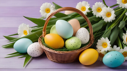 Obraz na płótnie Canvas easter eggs in basket with flowers AI generated Easter background Easter card