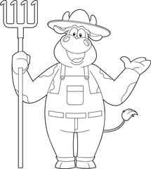 Outlined Happy Cow Farmer Cartoon Character Holding A Rake. Vector Hand Drawn Illustration Isolated On Transparent Background