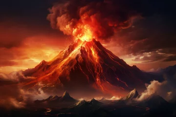 Fotobehang aerial view of volcano eruption with smoke and lava flowing. Natural disaster. © Dina
